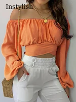 Chemisier imprimé Sexy pour femmes, épaules dénudées, Chic et élégant, lanterne, manches longues, nœud à lacets, hauts courts, chemises Slim décontractées, 2023 3
