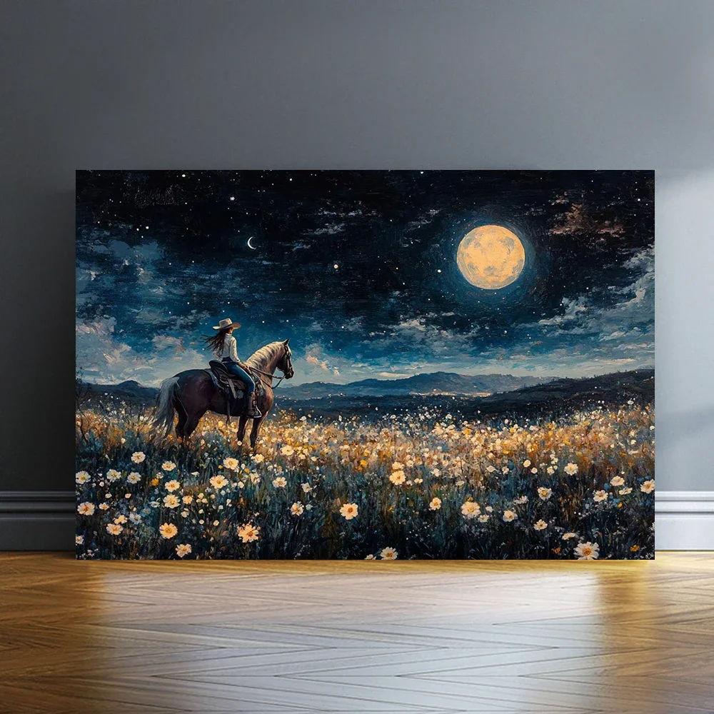 Multiple sizes 1pc frameless Canvas Painting,Cowgirl Riding Horse Daisy Flower Moon Night Poster and Prints Canvas Painting Wall
