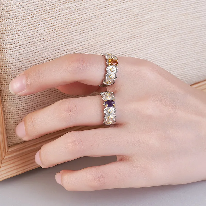 Natural Amethyst Gemstone 925 Sterling Silver Wide Band Smooth Marquise Ring Daily Gala Luxury Fine Jewelry For Men And Women
