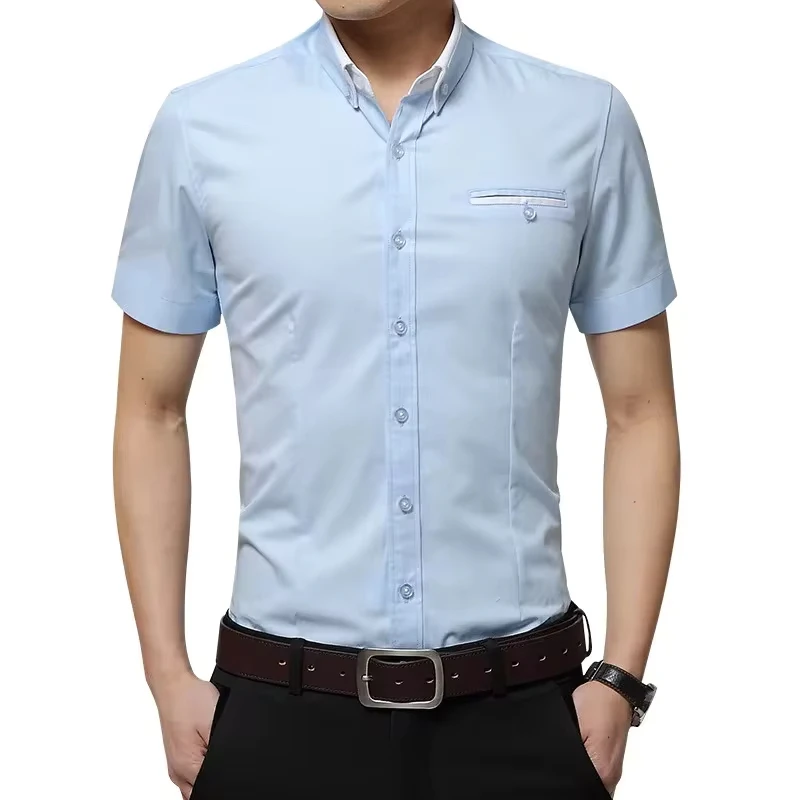 

Summer White Blue Short Sleeve Men Dress Shirt Turn-down Collar Tuxedo Shirt Big and Tall Business Solid T-shirt