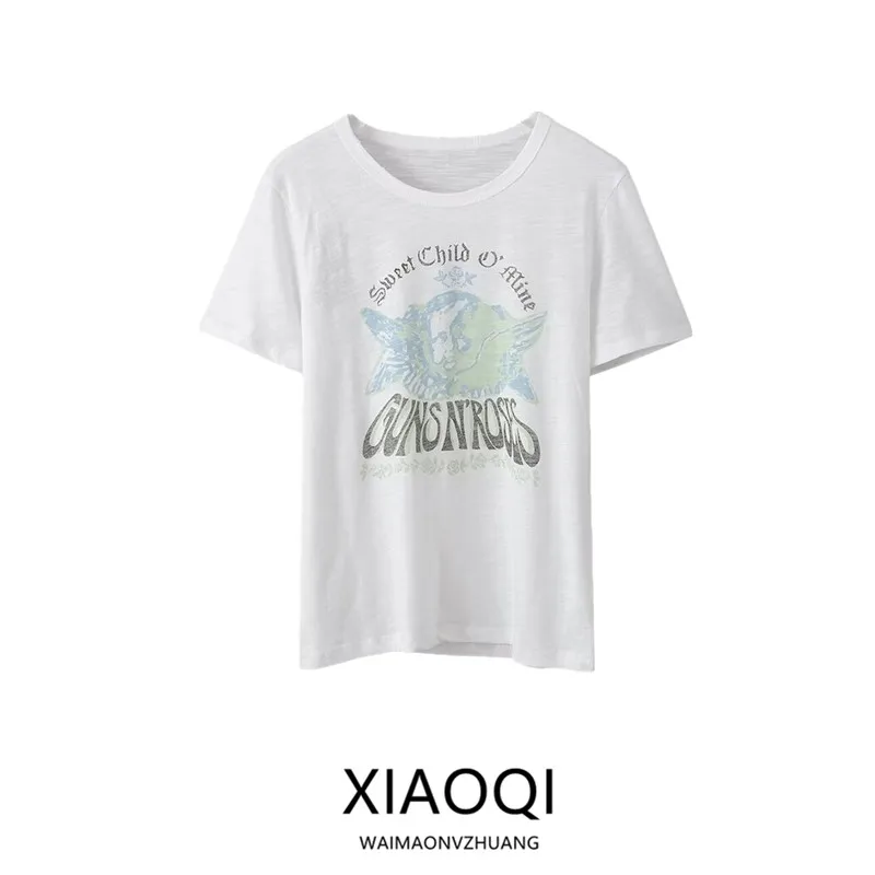 2025년 여름 여성 캐주얼 루즈핏 만능 프린트 반팔 티셔츠 신상품 땀 흡수 통근 스타일 독창적인 패턴