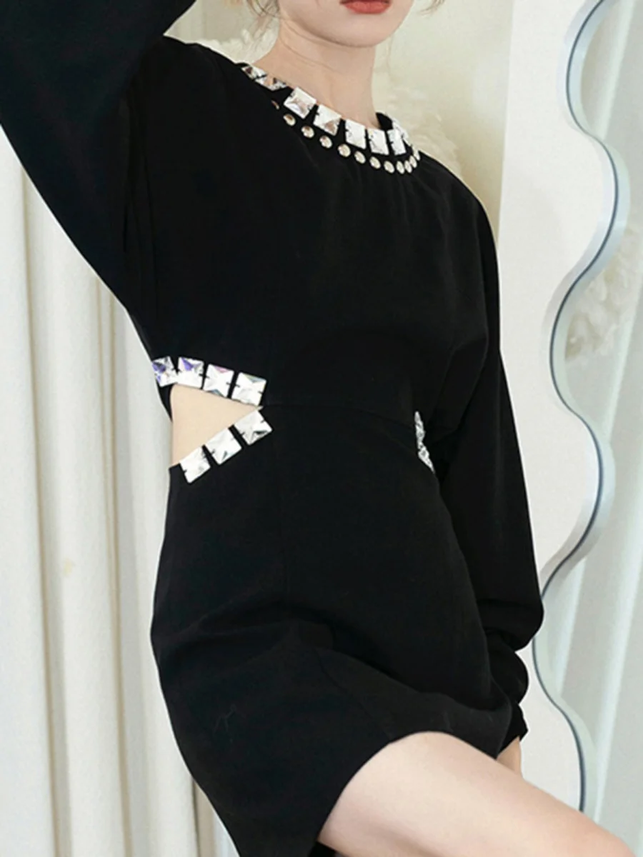 Round-Neck Exquisite Rhinestone Long-Sleeve Mini Harajuku Black Sexy Cutout Waist Nightclub Evening Party Dress Autumn