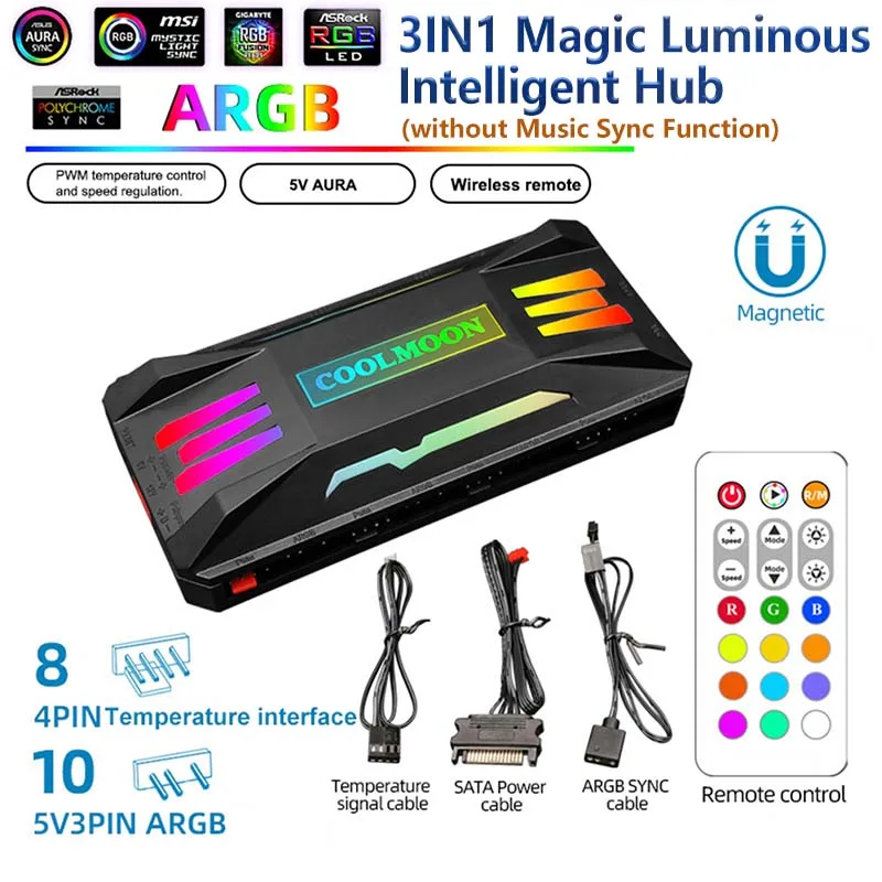 4-in-1 Music PWM ARGB Controller 1to8 Hub 5V 3Pin ARGB Aura Sync 4Pin PWM Temp Adjust Fan Music Rhythm Remote Control Cool Decor