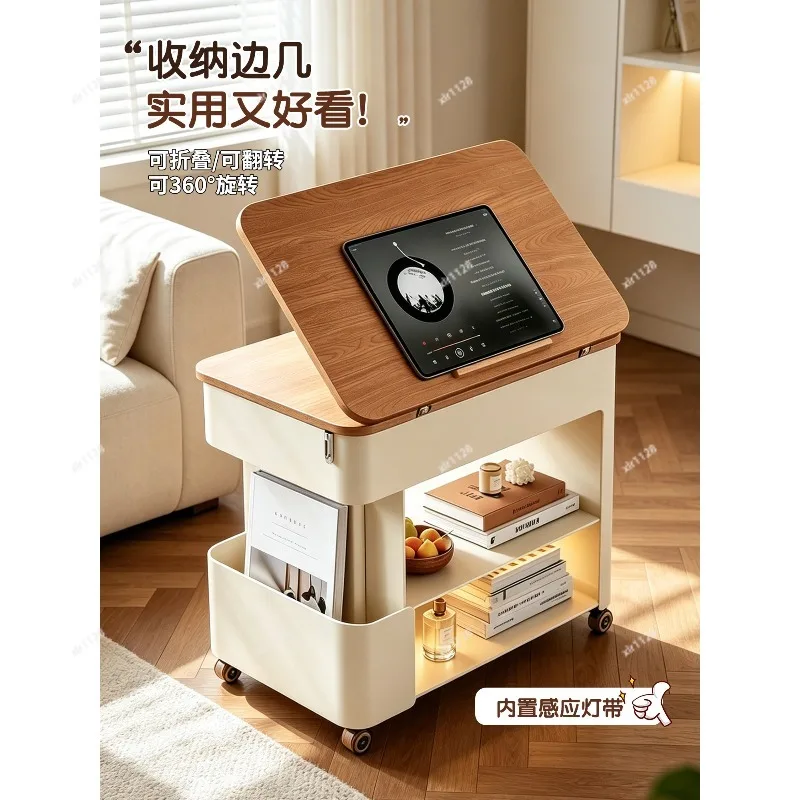 Movable Solid Wood Sofa Side Table Flipping Design Foldable End Table for Home Living Room