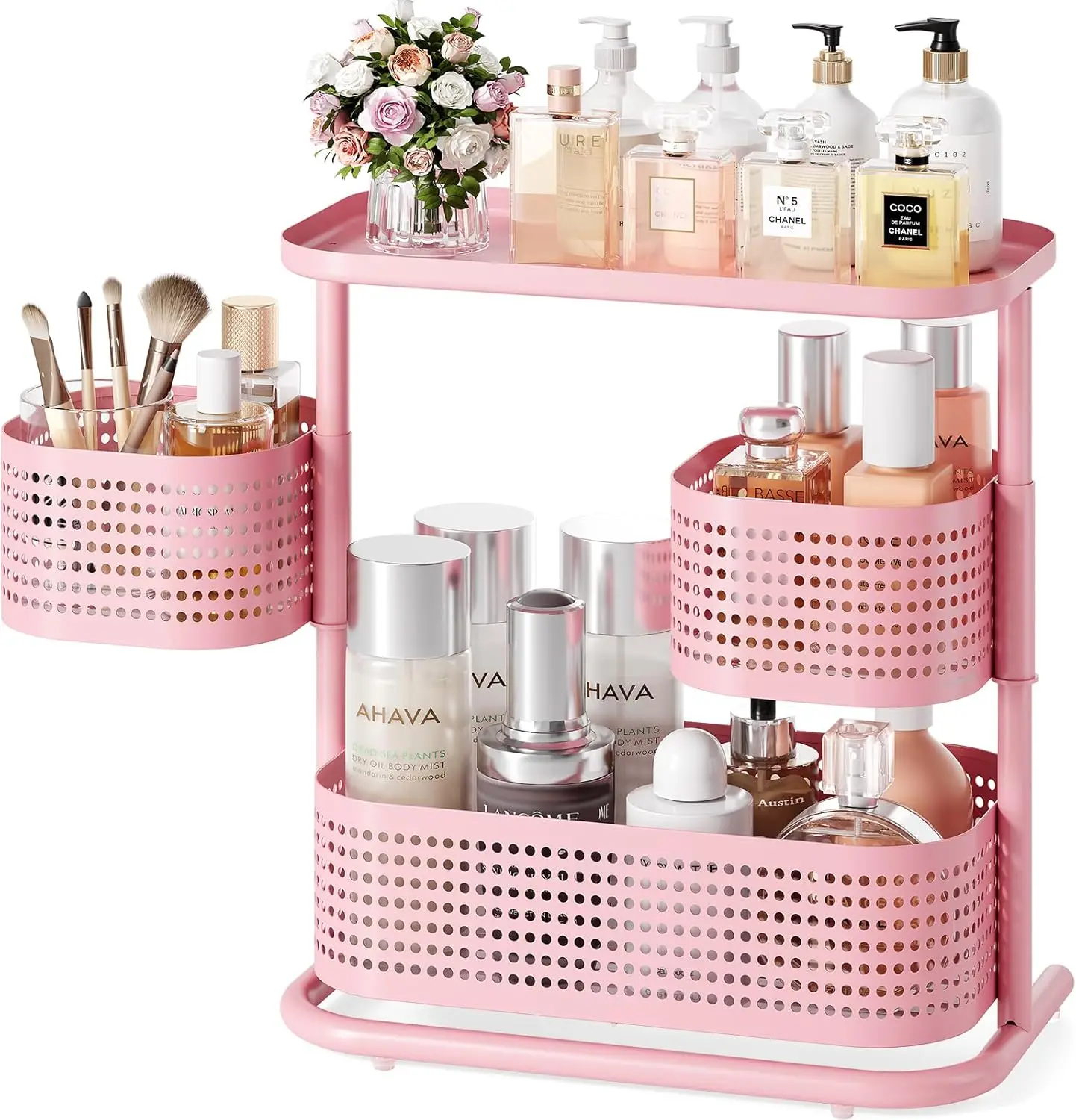 Multi-Purpose Makeup Organizer, Rotating Desktop Skincare Organizer, Vanity Tray Standing Rack for Bathroom, Pink