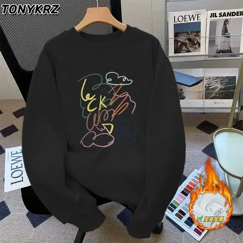White Gray Internet Celebrity Round Neck Pullover Hoodie with Fleece Warm Jacket for Women