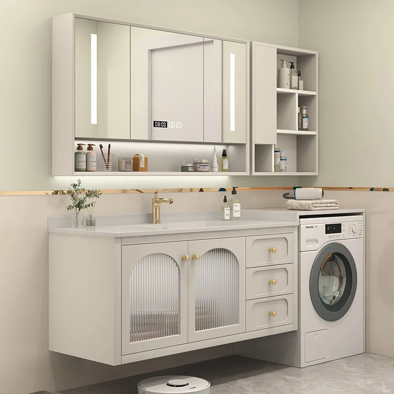 Modern simple and seamless splicing rock slab ceramic basin, washing machine cabinet combination bathroom, washing table, hand w