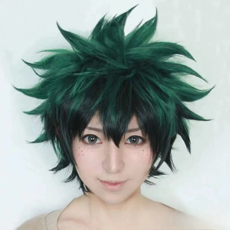 Peluca Verde Negro Degradado Corto Rizado Anime Cosplay Pelo para Hombres Fiesta de Disfraces de Halloween