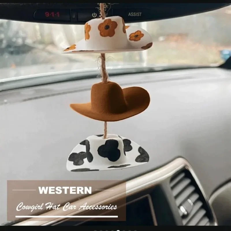 Cowboy Hat Car Decoration Countryside Rearview Mirror Decoration Car Decoration Cute Handmade Felt Mini Hat Decorations Pendant