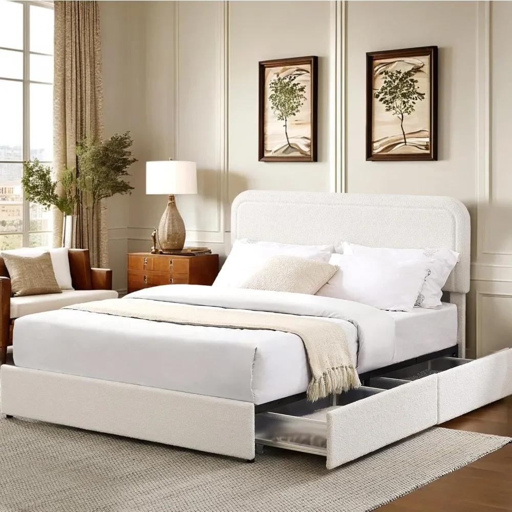 

Bed with Storage Drawers, Modern Ivory Velvet Wingback Bedframe, Wooden Slat Support, No Box Spring Needed