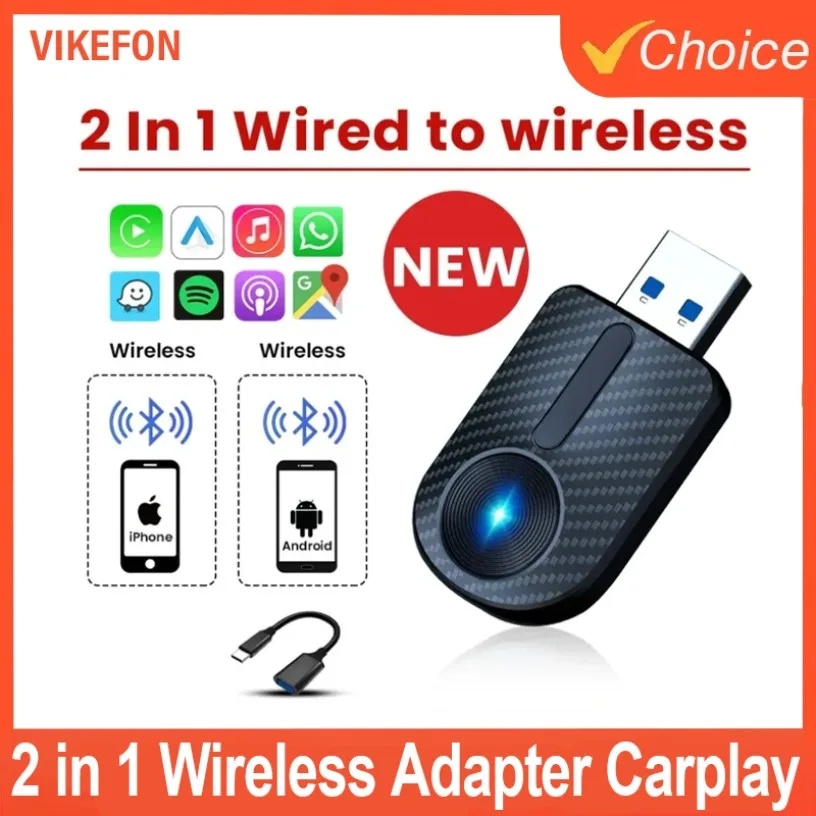 Portable New 2 in 1 Wireless CarPlay Adapter&Android Mini Auto Wireless Adapter 5Ghz WiFi Type-C/USB Plug Play Carplay Wireless