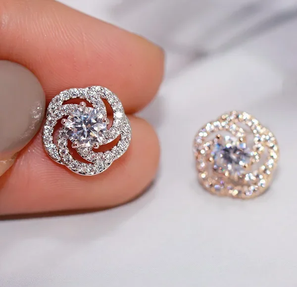 New Arrival Jewelry Female 925 Silver Needle Twist Rose Flower Zircon Crystal Stud Earrings for Women Brincos Pendientes