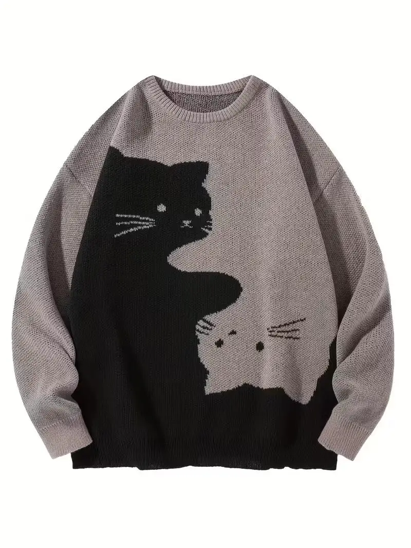 

Осень/зима, новый вязаный свитер с цветными блоками и кошачьим принтом для женщин — свободный и повседневный студенческий пуловер