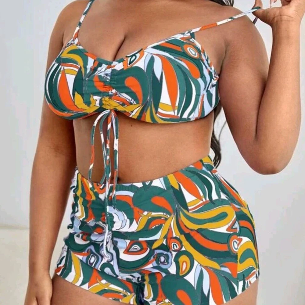 طقم بيكيني للنساء قميص بأكمام طويلة مطبوع عليه زهور طقم ملابس سباحة مكون من ثلاث قطع زي استحمام ملابس شاطئ صيفية مثيرة بأربطة