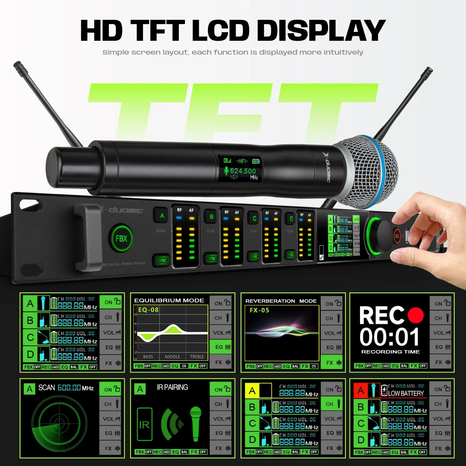 True Diversity Wireless Microphone System Digital Recording AntiHowling Ten Types of Reverb Balanced True Diversity Wireless Mic