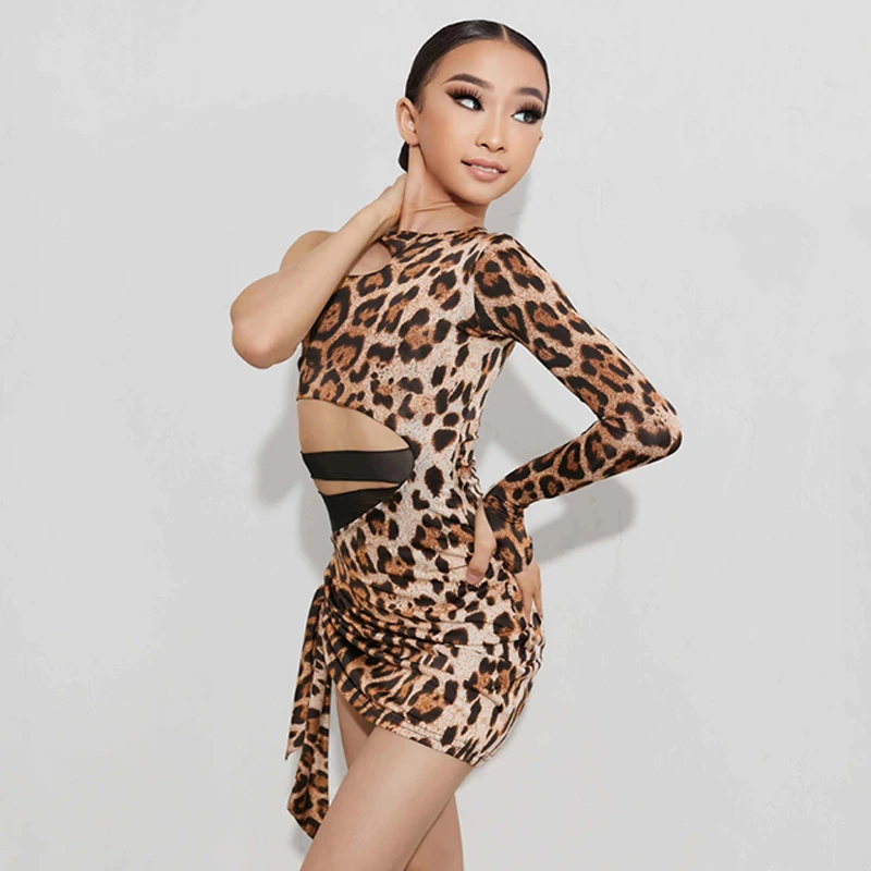 Girls Leopard Latin Dance Dress One-Sleeves Performance Costume Cha Cha Samba Dance Practice Clothing Kids Latin Dress DNV17198