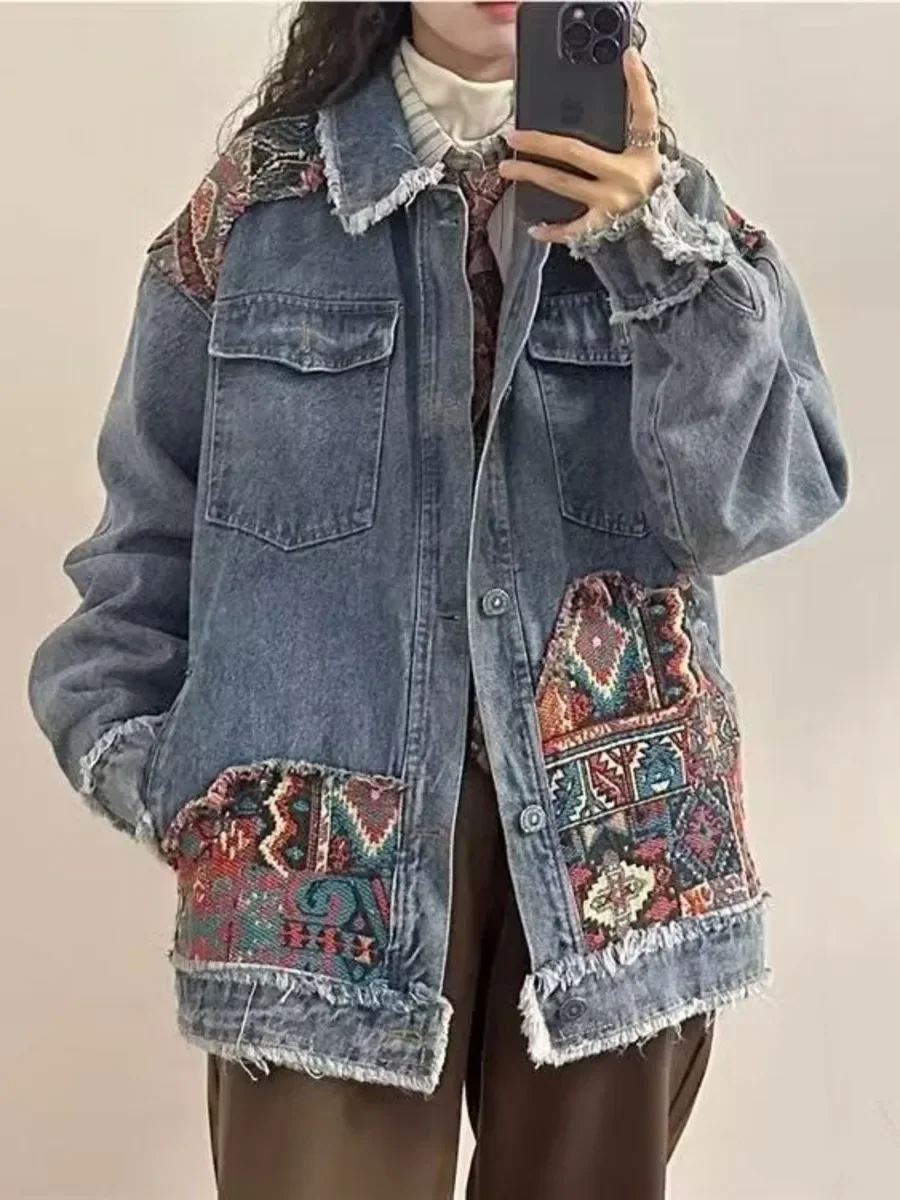 Vintage Boho Stickerei Jeans jacke Frühling Herbst 2024 Langarm lässig locker Trend Folk-Custom Stitching Raw Edge Jeans Mantel