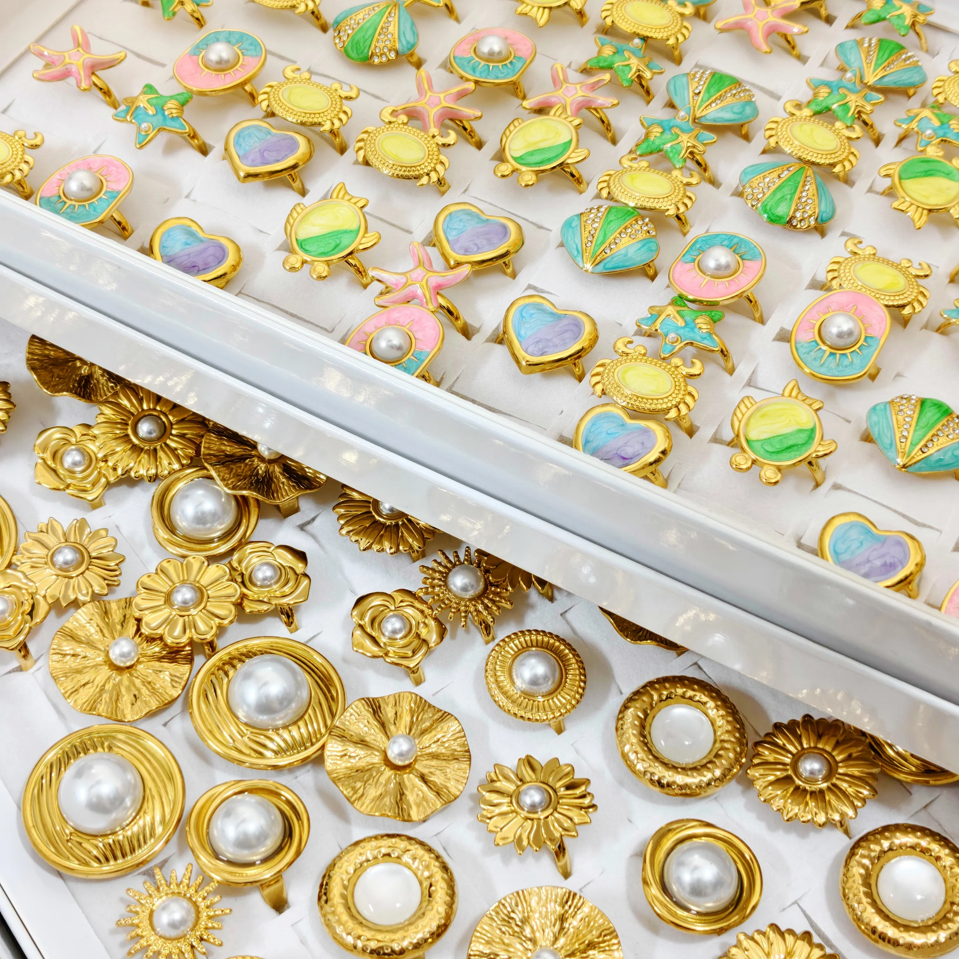 Bagues ouvertes en acier inoxydable pour femmes, 10 pièces/lot, grande fleur colorée, Technique de chute d'huile, bijoux cadeaux de fête quotidiens