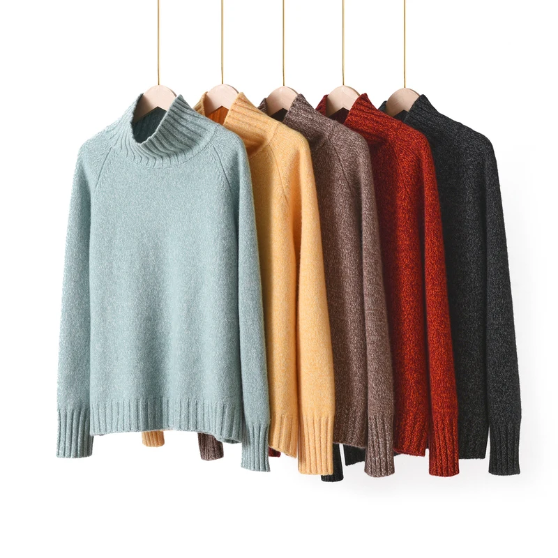 100% كنزة صوف خالص وهمية اثنين من القمصان النسائية الخريف والشتاء شبه عالية الرقبة محبوك قاع
