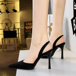 Women Fashion Simple Pointed Toe High-heeled Summer Sandals Party  Black Shallow Mouth Hollow Back Strap Office Slingback Shoes