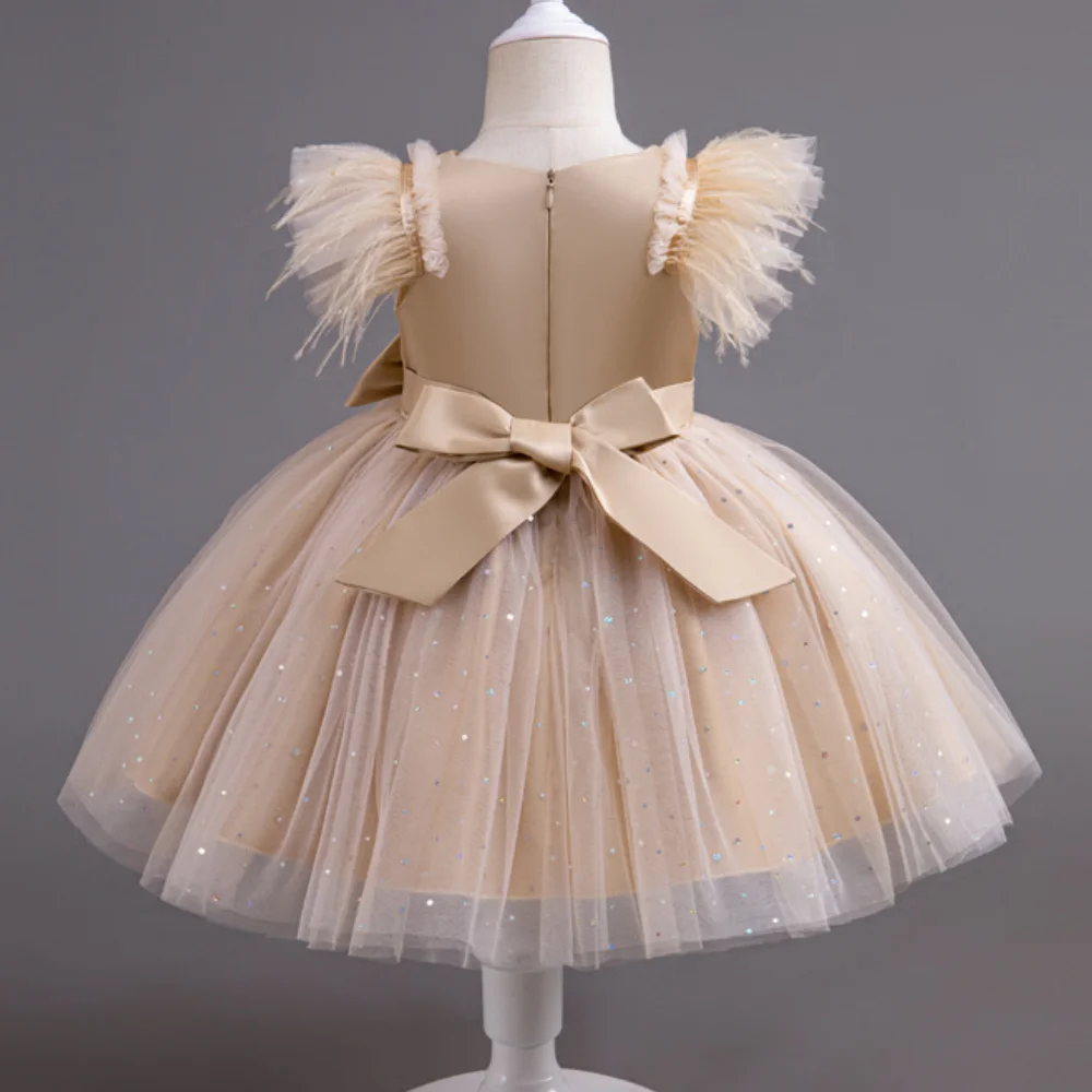 Summer Girls' New Bow Sequin Flying Sleeves Mesh Fluffy Skirt Piano Competition School Graduation Ceremony Dress