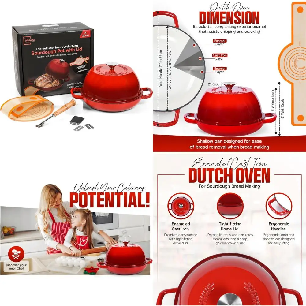 

10-дюймовая эмалированная чугунная голландская духовка для выпечки хлеба на закваске, запеканки и многое другое — в комплект входят 5 лезвий хлеба