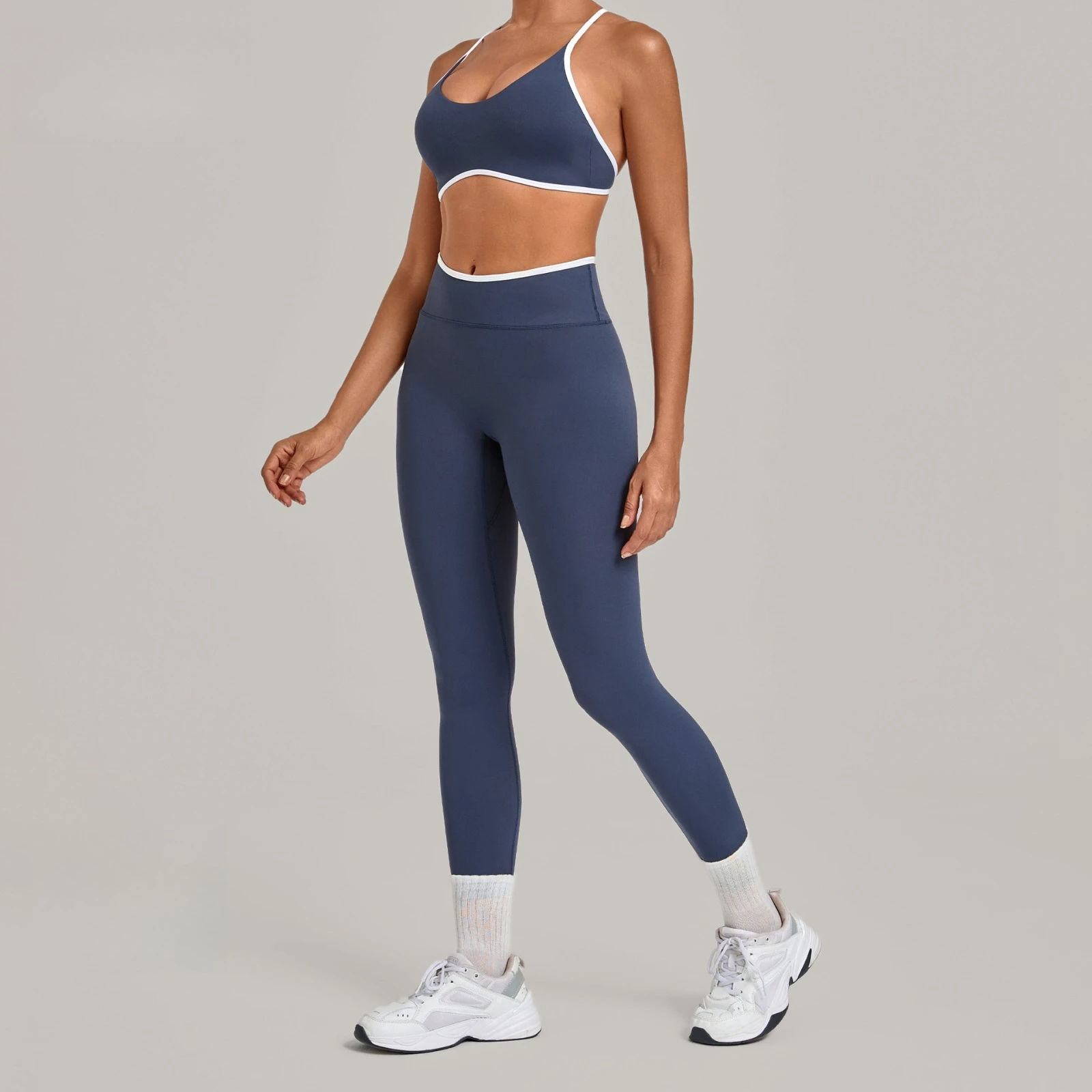 Contrast Color Trim Women's Gym Yoga Sets Adjustable Straps Sports Bra High-waisted Butt-lifting Pants Activewear Running Suits