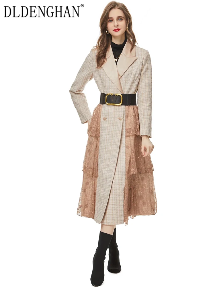 

DLDENGHAN Autumn Plaid Tweed Coat Women Long Sleeve Belt Double Breasted Mesh Patchwork Office Lady Outerwear Fashion New