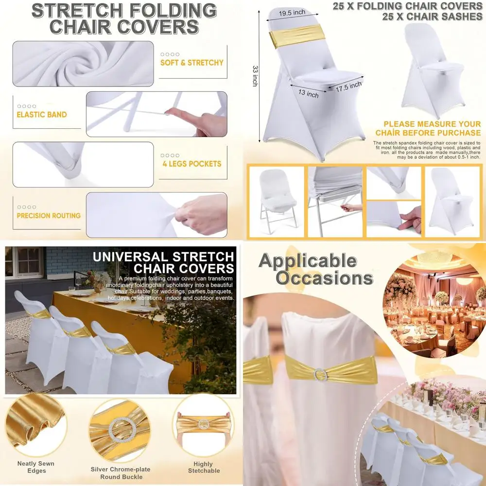 

50 Pack White Folding Chair Covers with 25 Spandex Slipcovers and 25 Sequin Sashes, Washable for Party, Wedding, Banquet (White,