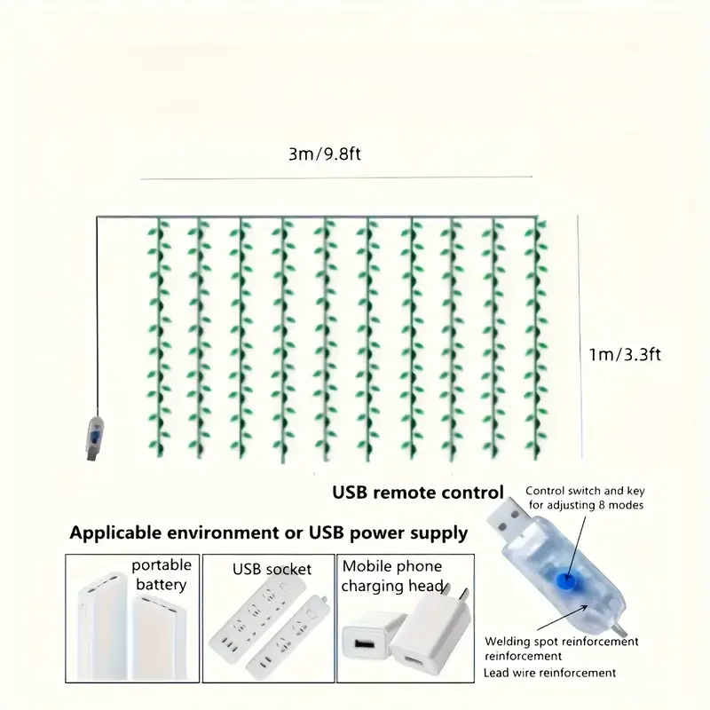 Luci per tende con foglie d'acero USB 3M Edera Ghirlanda di foglie verdi artificiali Stringa di luci fata per la decorazione della parete di nozze per interni ed esterni