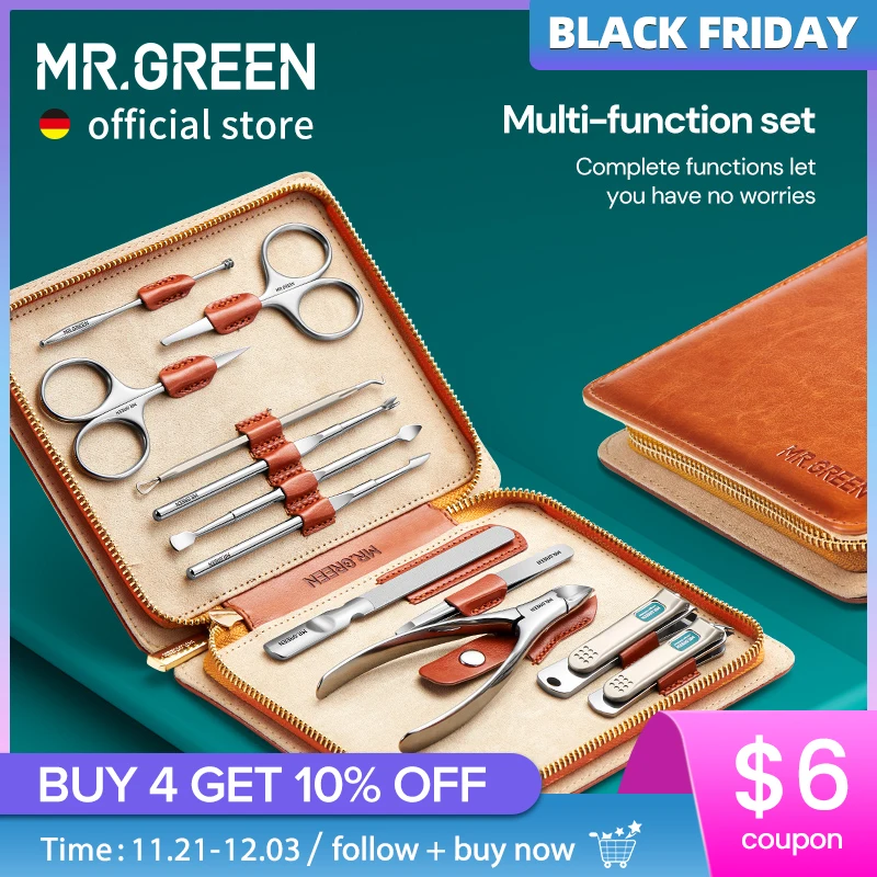 MR.GREEN Manicure Set 12 In 1 Full Function Kit Professional Stainless Steel Pedicure Sets With Leather Portable Case Idea Gift