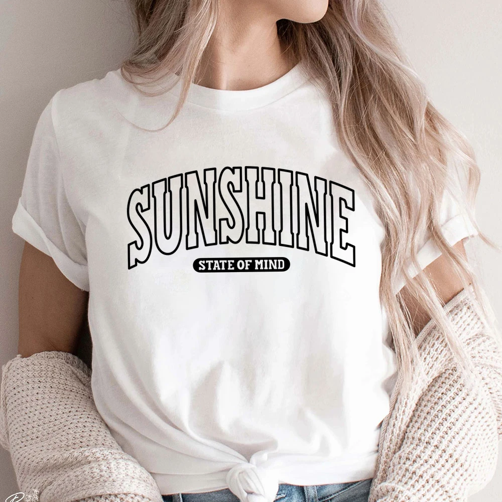 Sunshine State of Mind Summer Life Top Beach Vibes Shirt Varsity Sunshine on My Mind Print Tee Women's T-Shirts Womens Clothing