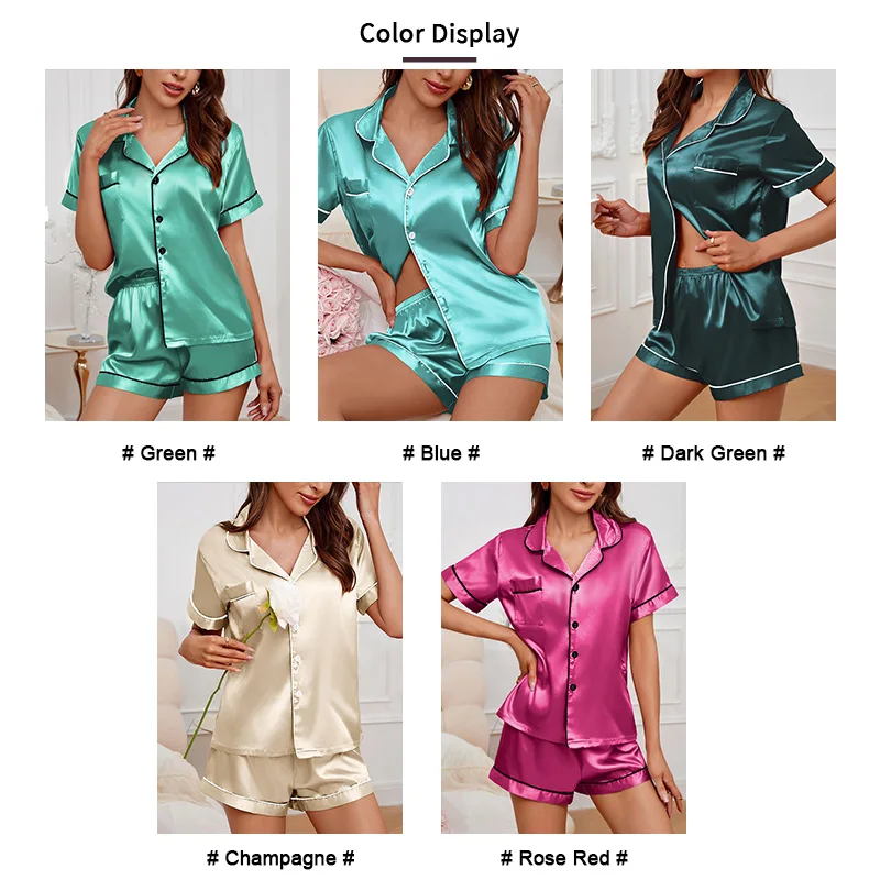 Summer Women\'s Pajama Set Satin Short Sleeve Lapel Tops with Shorts Sleepwear 2 Piece Loungewear Nightwear Home Clothes