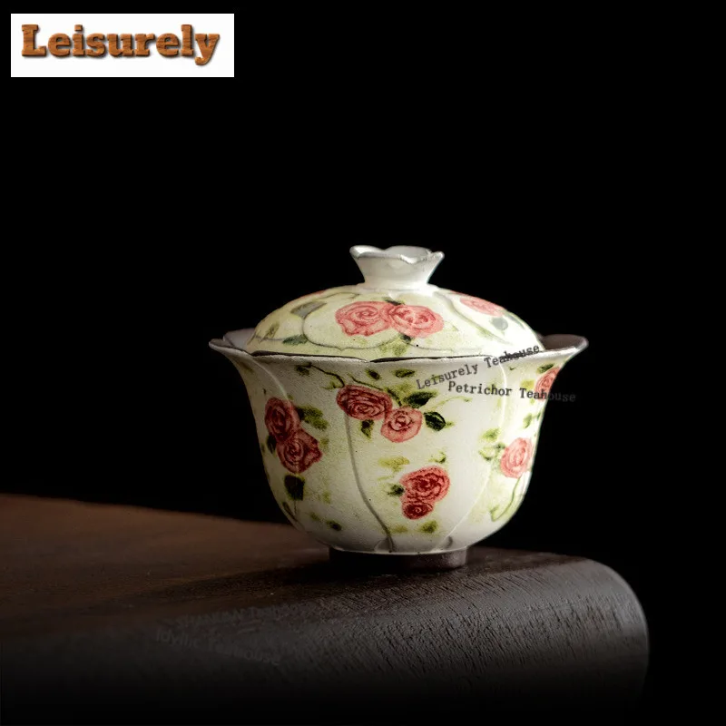 

130 мл картина маслом, роза, рот, гайвань, эстетическая чайная варенька, чайная чаша с крышкой, комплект крышек для заваривания чая, чаша, чайные услуги, ремесло