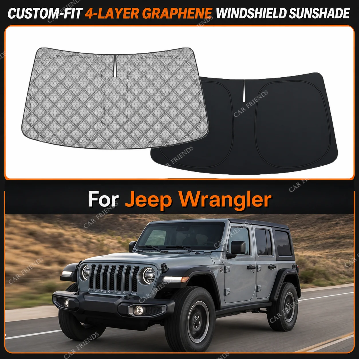 For Jeep Wrangler Custom-Fit 4-Layer Graphene Windshield Sunshade Reflective Gray-Silver Surface Helps Reduce Direct Sunlight