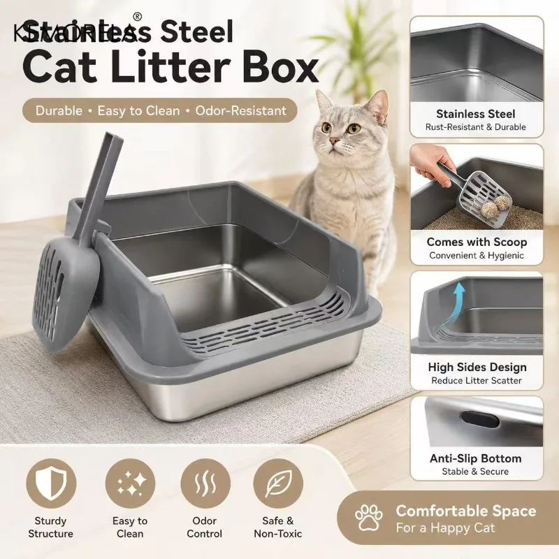 Stainless Steel Rectangular Litter Box with Shovel Semi-Enclosed Extra Large Size Stainless Steel Litter Pan Easy to Clean