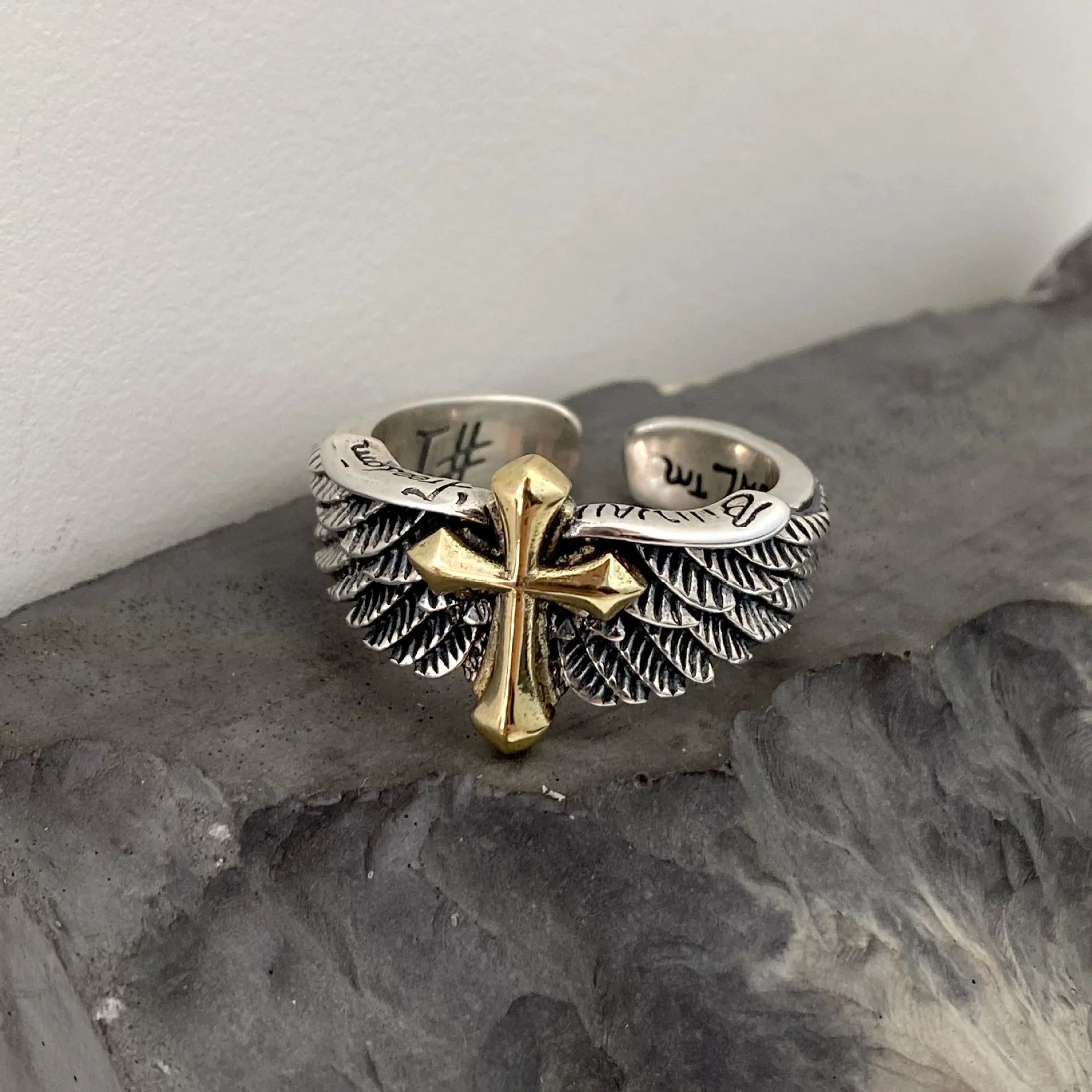 Retro S925 Thai Silver Wing Cross Graffiti Letter Open Ring Personality Men Adjustable Finger Ring Fashion Jewelry