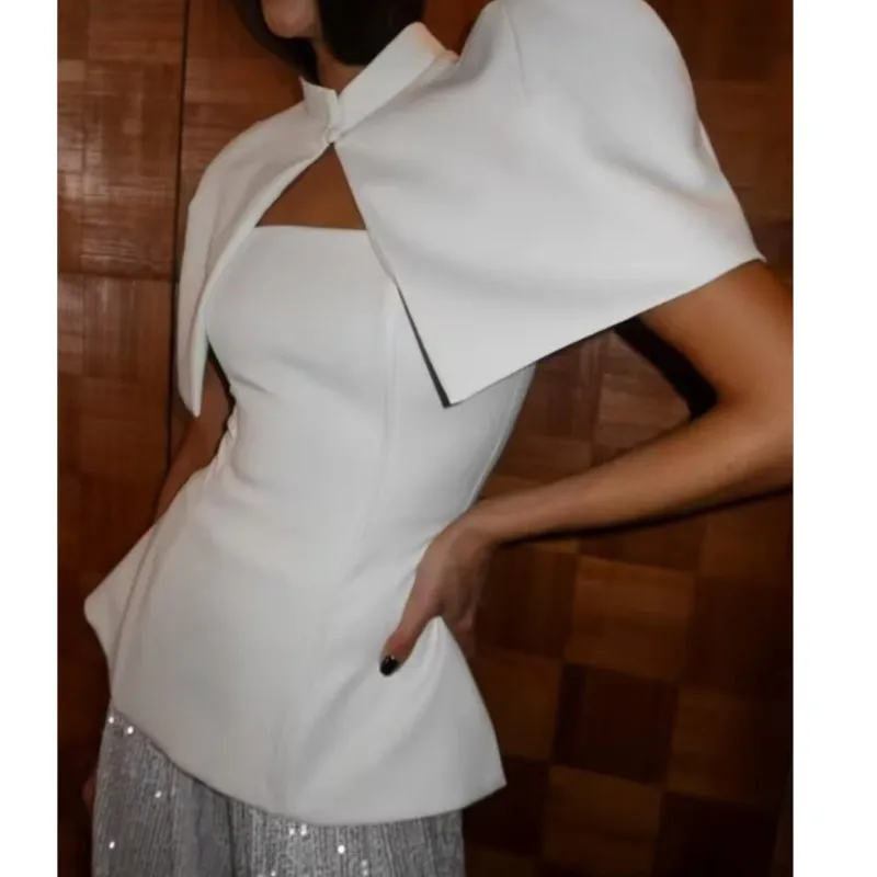 Women's Two Piece Strapless Shawl Set Spring Summer Fashion Side Zipper Tops Round Collar Capes Elegant Female Top