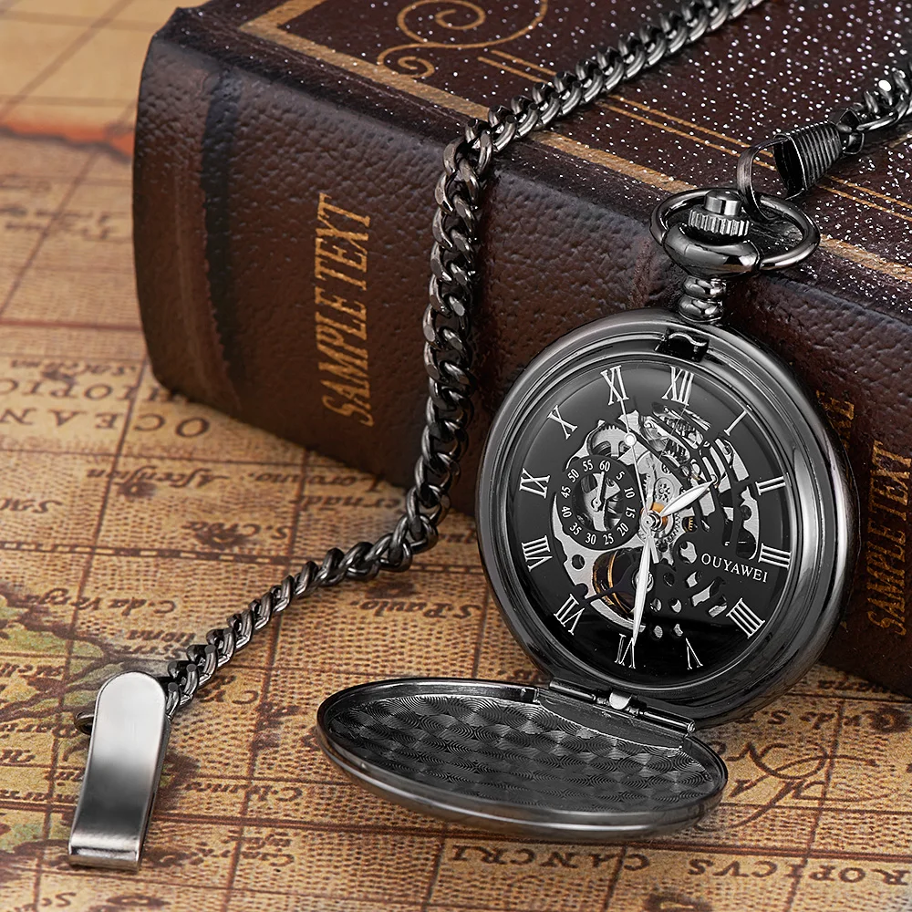 Luxury Golden Mechanical Pocket watch for Men Skeleton Hand Wind Fob Watch with Chains Antique Pendant Clocks Weeding Gifts