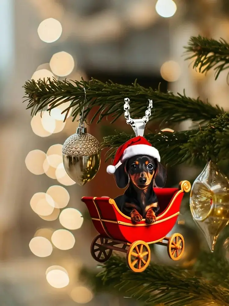 AliExpress 1pc, Christmas riding dog acrylic ornaments, holiday vintage bicycle with gift car and bag key chain