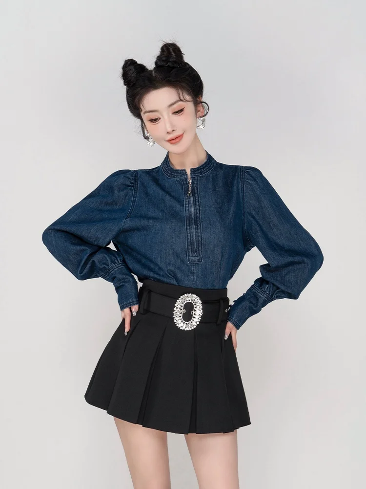 

Женская джинсовая куртка LADIES FIRST синего цвета с молнией, объемными рукавами и круглым вырезом, повседневная свободная модель с длинными рукавами, теплая верхняя одежда