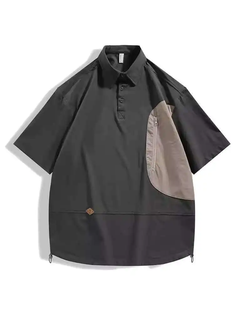 Composite Color Blocked Short Sleeved Shirt For Men's Summer New Item, Pocket Zipper Loose Pullover Shirt T-shirt