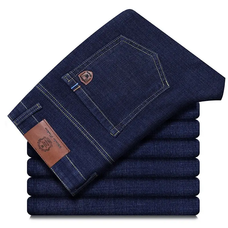 Whinlee hommes classique bleu noir affaires Stretch brodé jean décontracté droit mode travail Denim pantalon marque vêtements