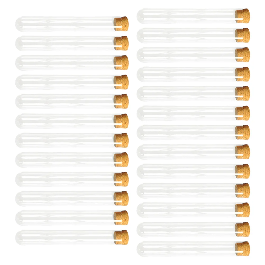 25 uds 15x150mm tubos de ensayo de plástico transparente botella recargable con tapones de corcho contenedor de muestra experimento escolar de