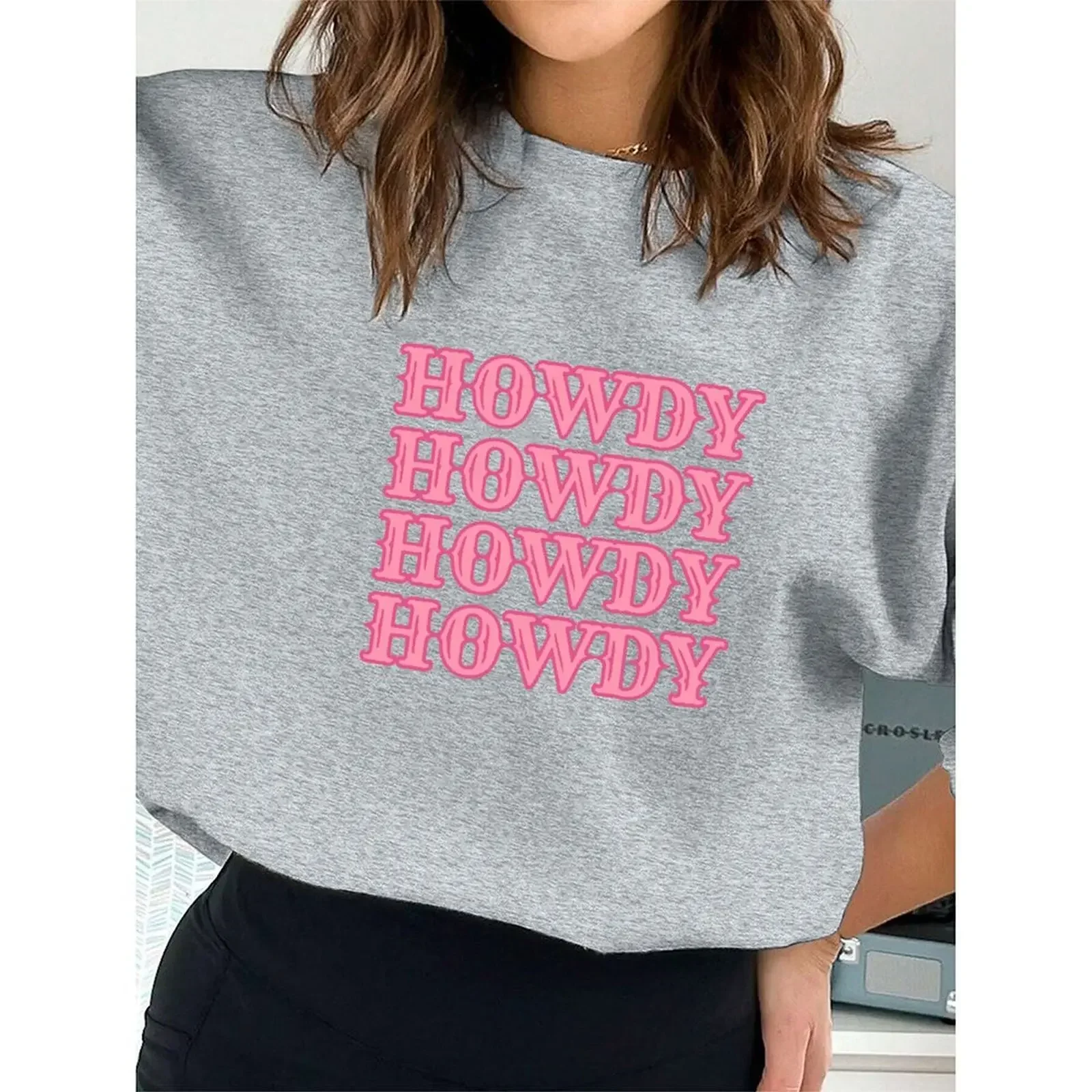 

Women Round Neck Long-sleeved Velvet Winter Casual Fashionable Cowgirl Style Howdy Print Sweatshirt Fashion Autumn Woman Clothes