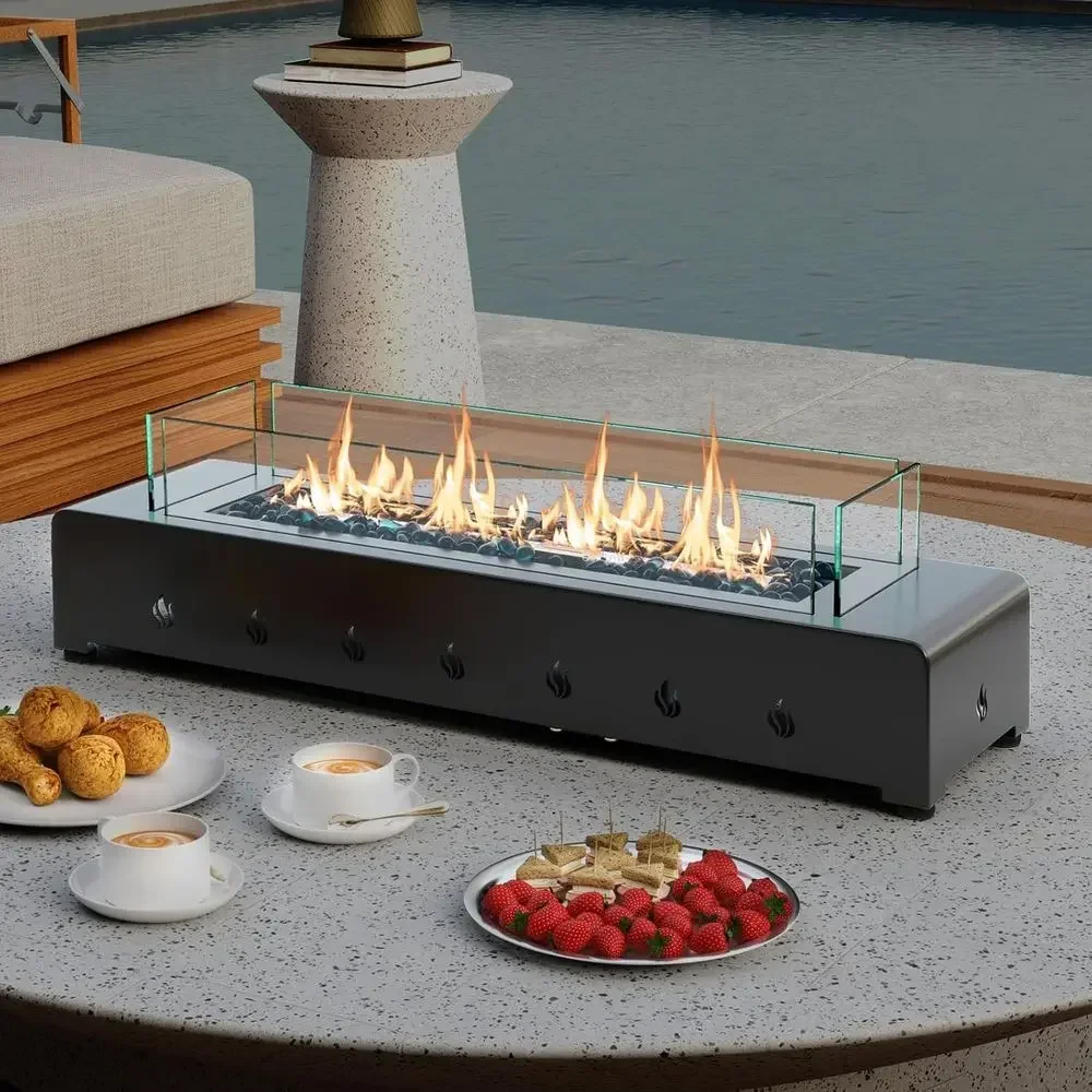 Portable Outdoor Propane Fire Pit, 40,000 BTU Table Top with Wind Guard, Glass Rocks, Stainless Steel Burner & Cover, Ideal for