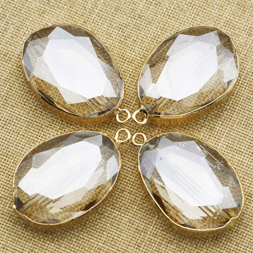 Selling Champagne Oval Gold Plating Color Brass Glass Tear Necklace Pendants Colourful Reiki Charms Jewelry Wholesale Gift 12Pcs