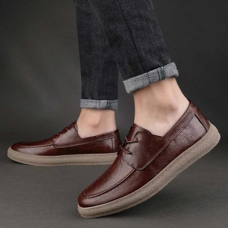 2023 New Lace Up Leather Shoes Men Loafers Soft Comfortable Mens Business Shoes Flat Casual Footwear Men Warm Brand Oxford Shoes