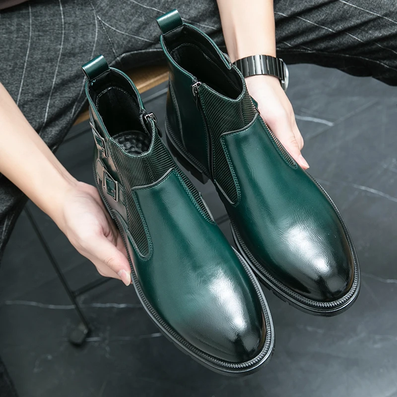 

Мужские ботинки с высоким берцем и боковой молнией, однотонные деловые повседневные мужские ботинки на низком каблуке, размер 38-46