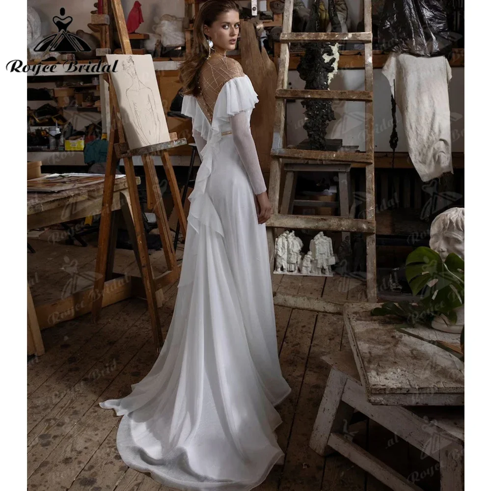 Mesh Embroidered with Beads and Sequins Decorative Belt Sample A-line Wedding Dress Slit Skirt and Long Train Chiffon